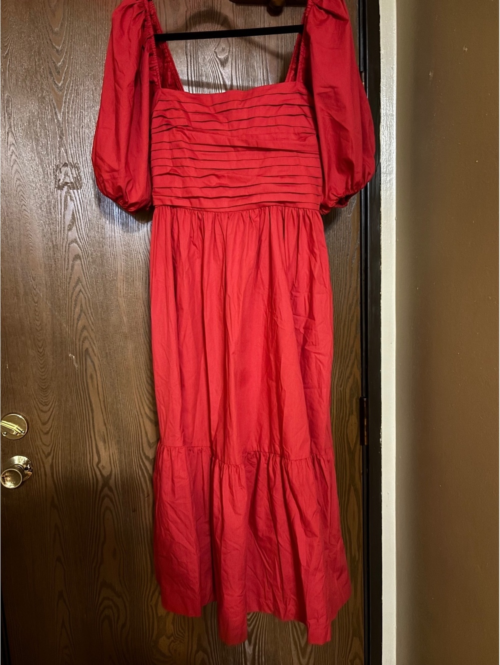 NWOT Red Fall Holiday Rouched Bell Sleeves Cotton Maxi Dress